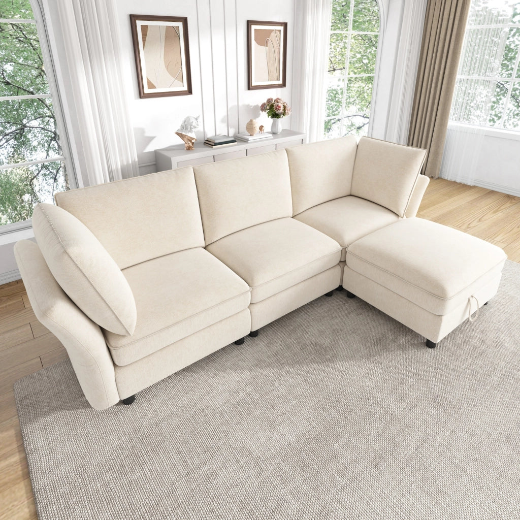 DIVANO Modulare a L 225x137x84 cm Chenille Beige con pouf