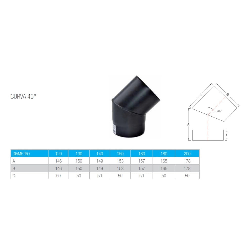 Curva a 45 gradi da 150mm per stufa a legna