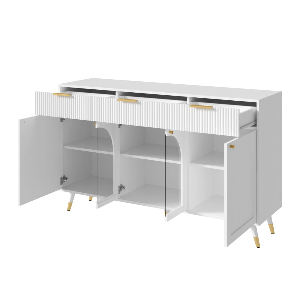 Credenza con 4 ante e 3 cassetti; inserti in acrilico; 140x40x85;5 cm; bianca