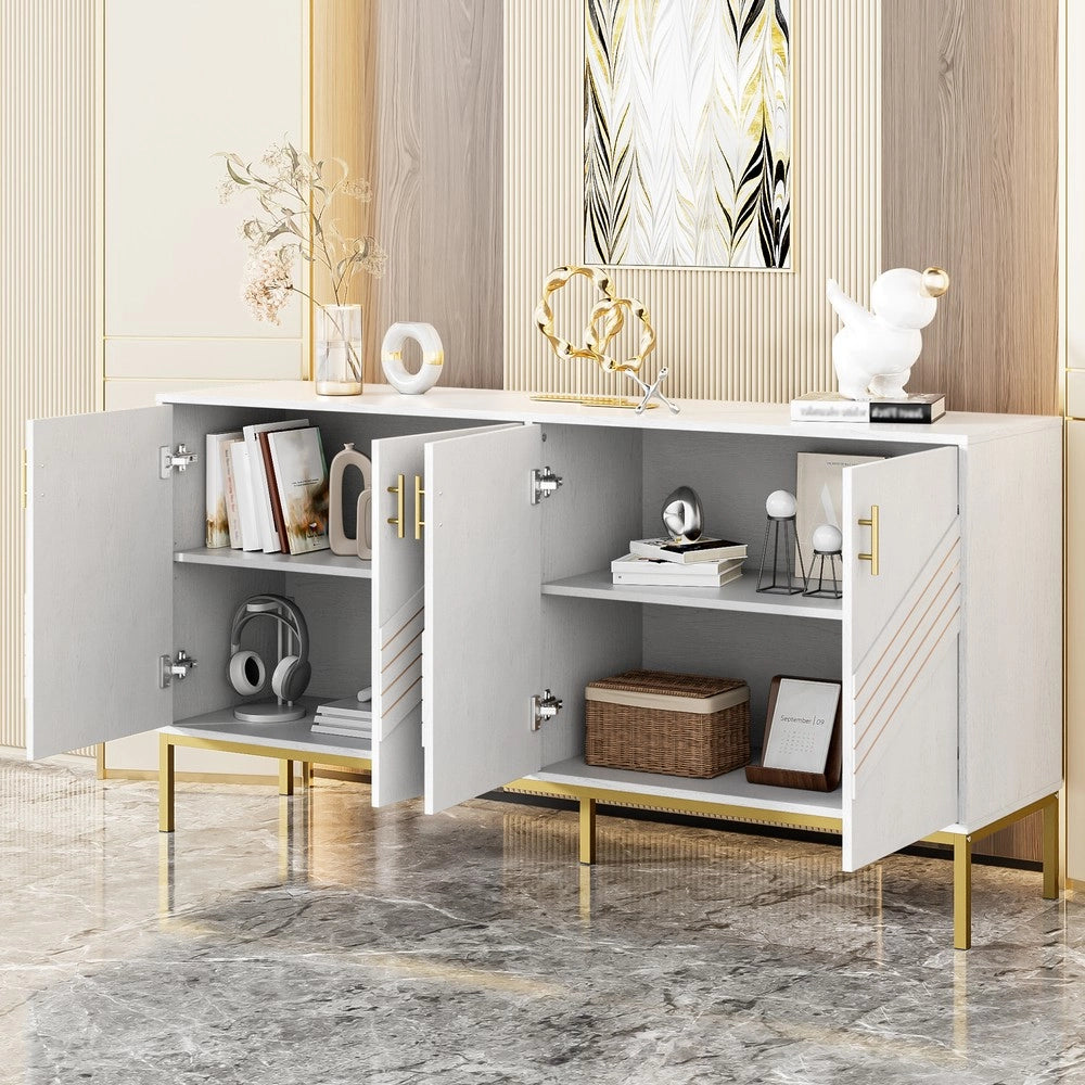 Credenza Moderna con 4 Ante ¨C MINIMAL ¨C Bianco e Oro, MDF, Gambe in Metallo, Ripiani Regolabili