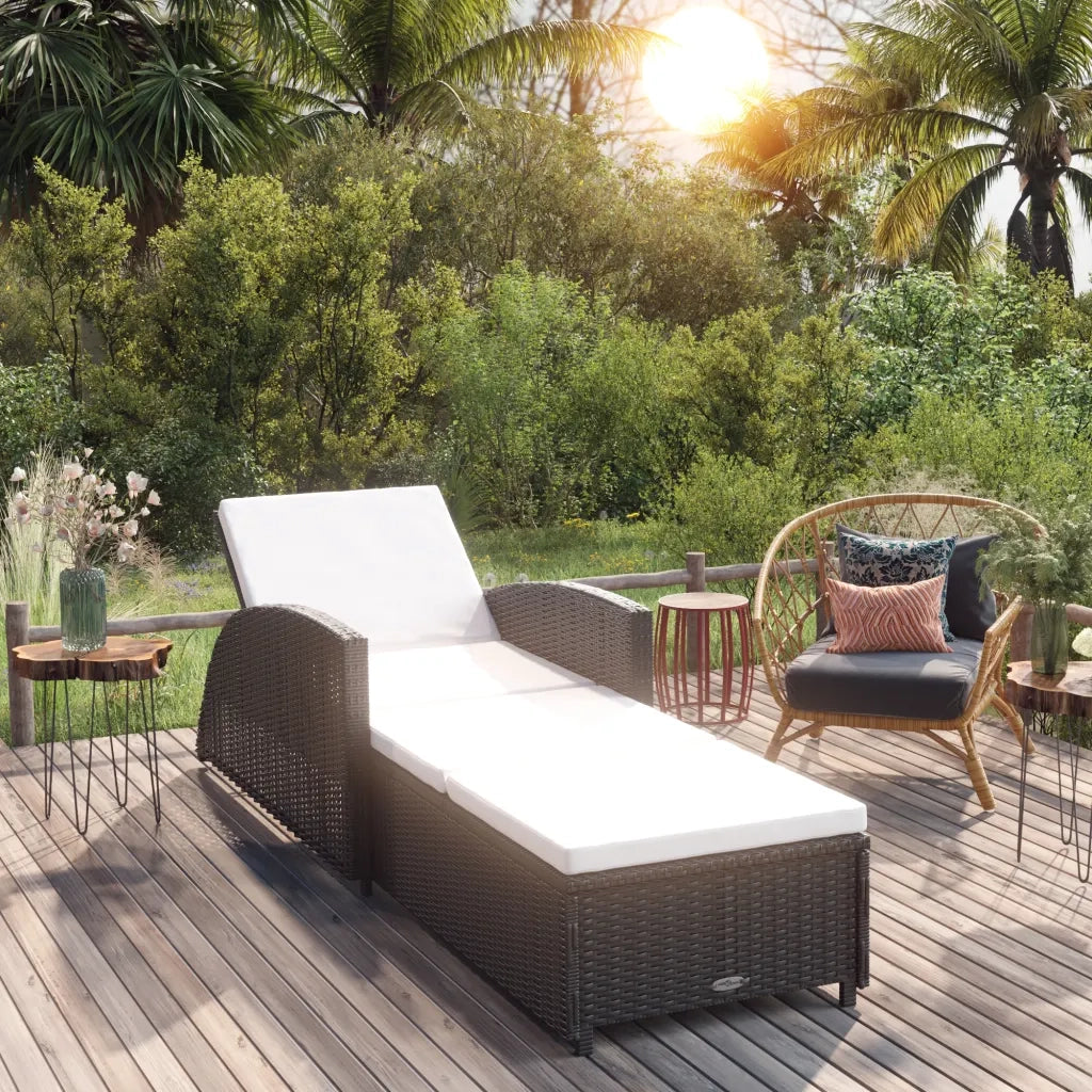 Lettino Prendisole | Sdraio da giardino | Lettino da sole con Cuscino Bianco Crema in Polyrattan Nero