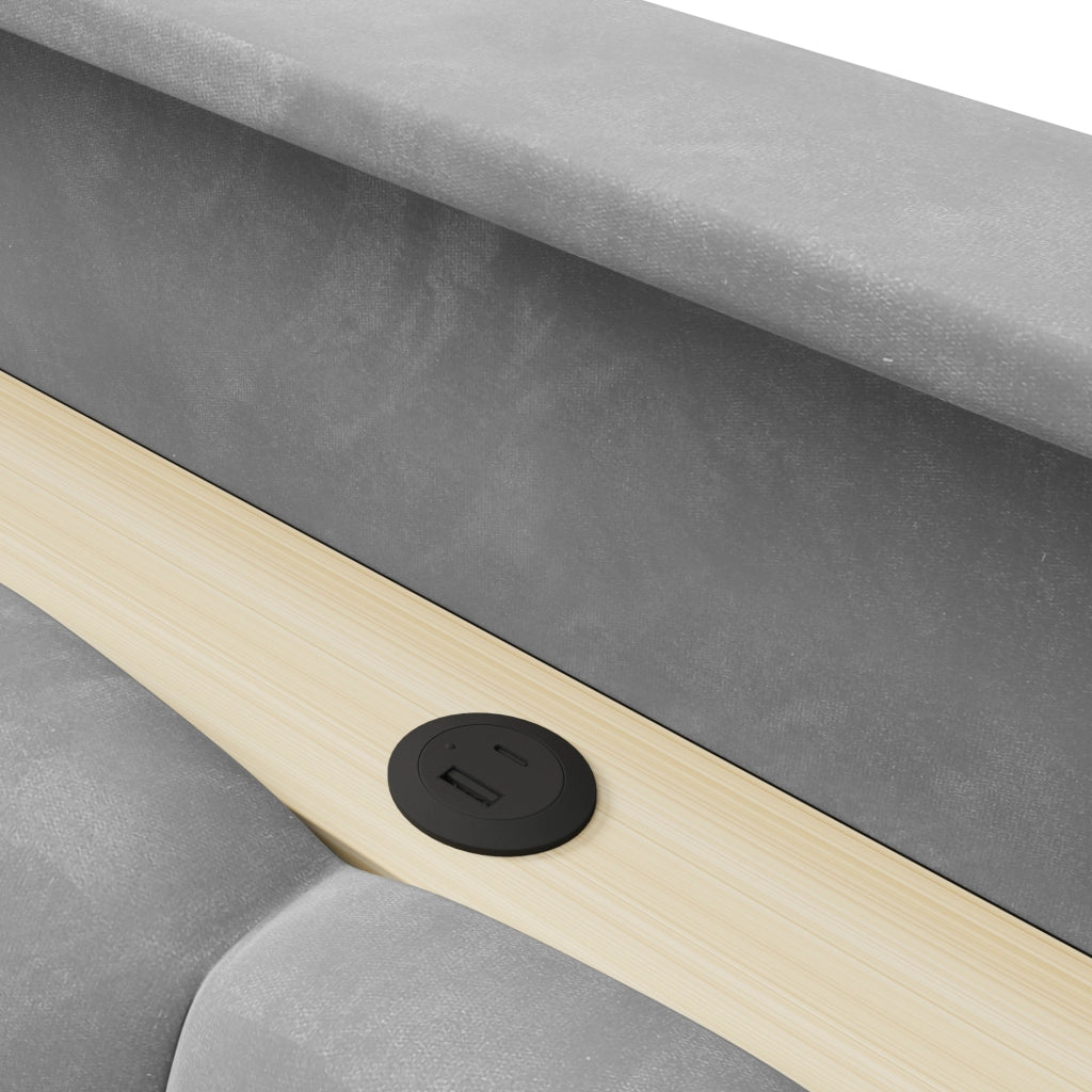 Letto imbottito 180x200 cm in velluto grigio con LED; vano contenitore e porte USB/Type-C