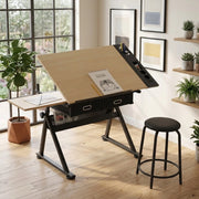 Scrivania Regolabile con 2 Cassetti e Sgabello ¨C Xylo ¨C Legno Acero, Ufficio e Studio