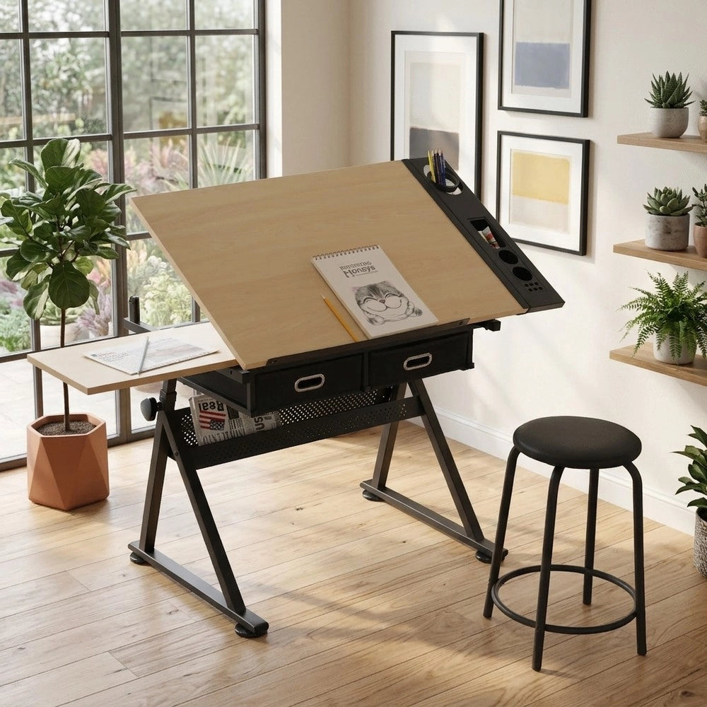 Scrivania Regolabile con 2 Cassetti e Sgabello ¨C Xylo ¨C Legno Acero, Ufficio e Studio