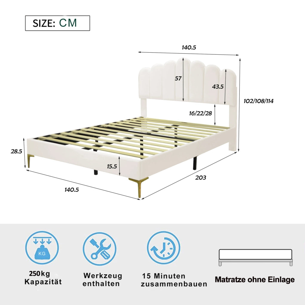 Letto matrimoniale 140x200 cm testiera regolabile in MDF e velluto beige (Senza materasso)