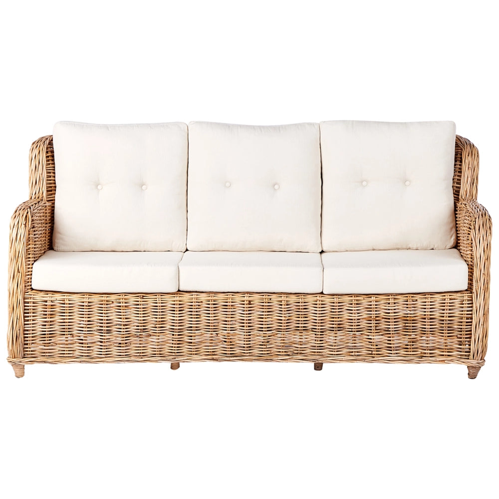 Set da giardino in rattan naturale divano a 3 posti 2 poltrone cuscini bianchi elegante chic esterno