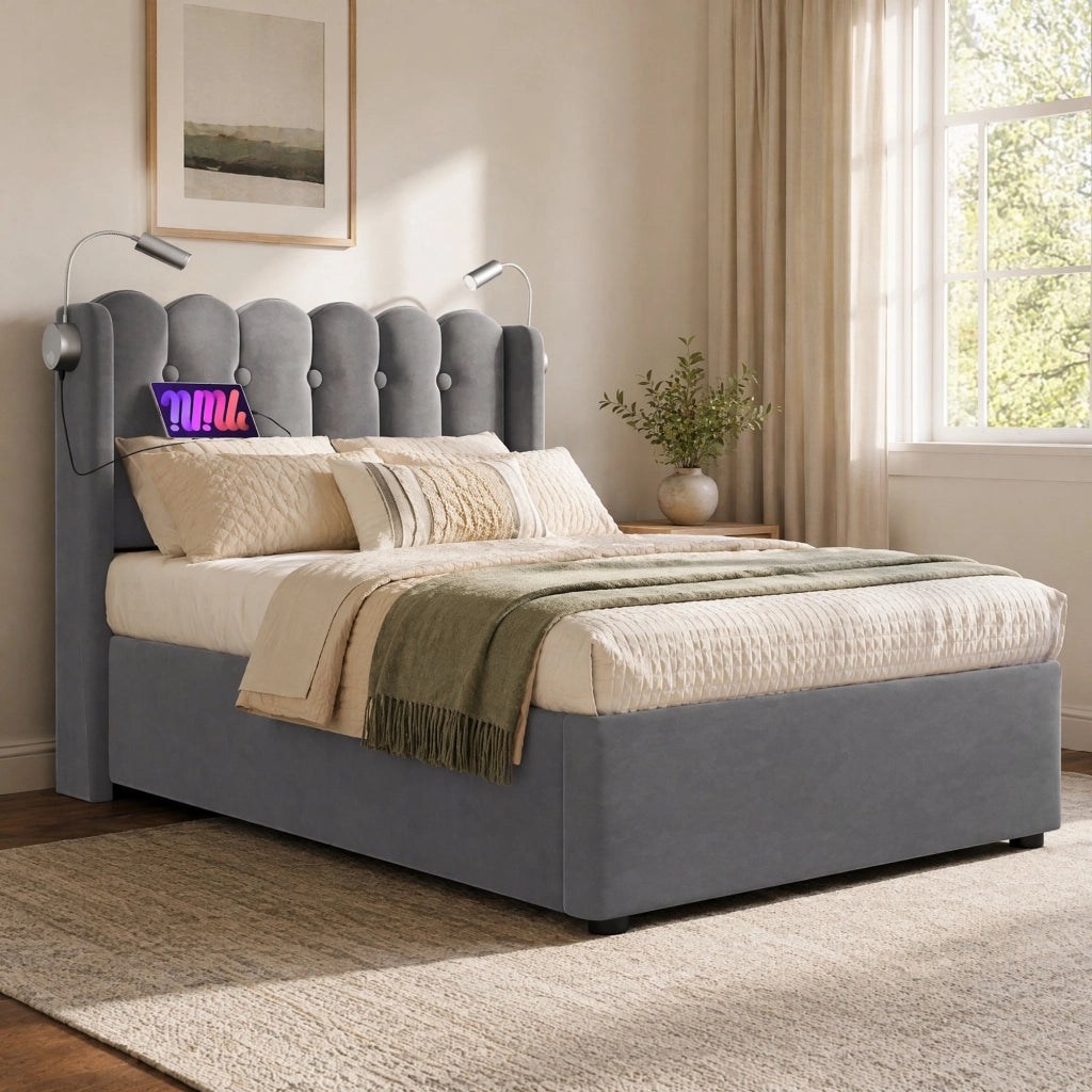 Letto singolo 90x200 cm in velluto grigio con luce da lettura; USB e contenitore