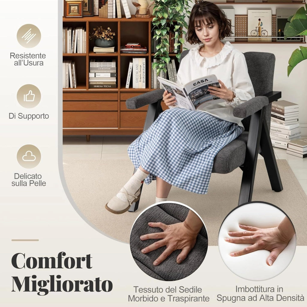 Poltrona da Salotto, Sedia Ergonomica con Struttura in Metallo, Braccioli e 4 Piedini Regolabili, Sofa Imbottita Relax Moderna per Soggiorno e Camera da Letto, Portata 150 kg (Grigio)