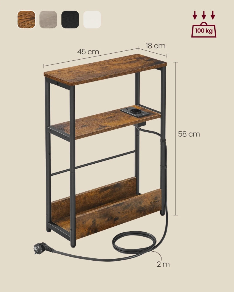 Tavolino sottile con multipresa comodino a 3 ripiani tavolino per piccoli spazi portariviste soggiorno camera da letto ufficio tavolini marroni 12_0007557