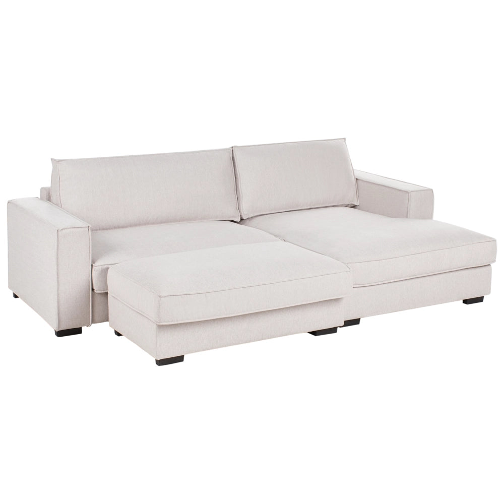 Divano 2 posti ad angolo con schienale in tessuto imbottito e cuscini beige chiaro lato sinistro stile moderno