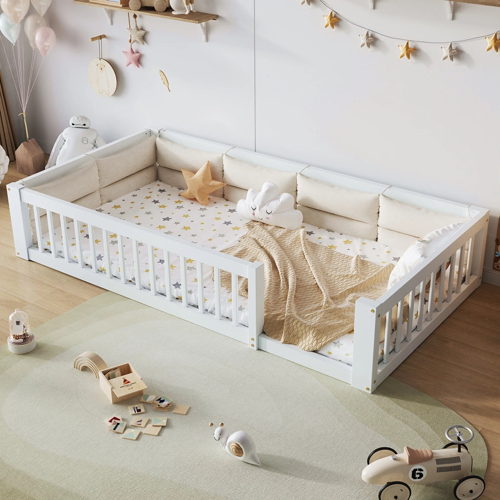 Letto a piattaforma 90x200, letto singolo bianco con cuscini e sponde