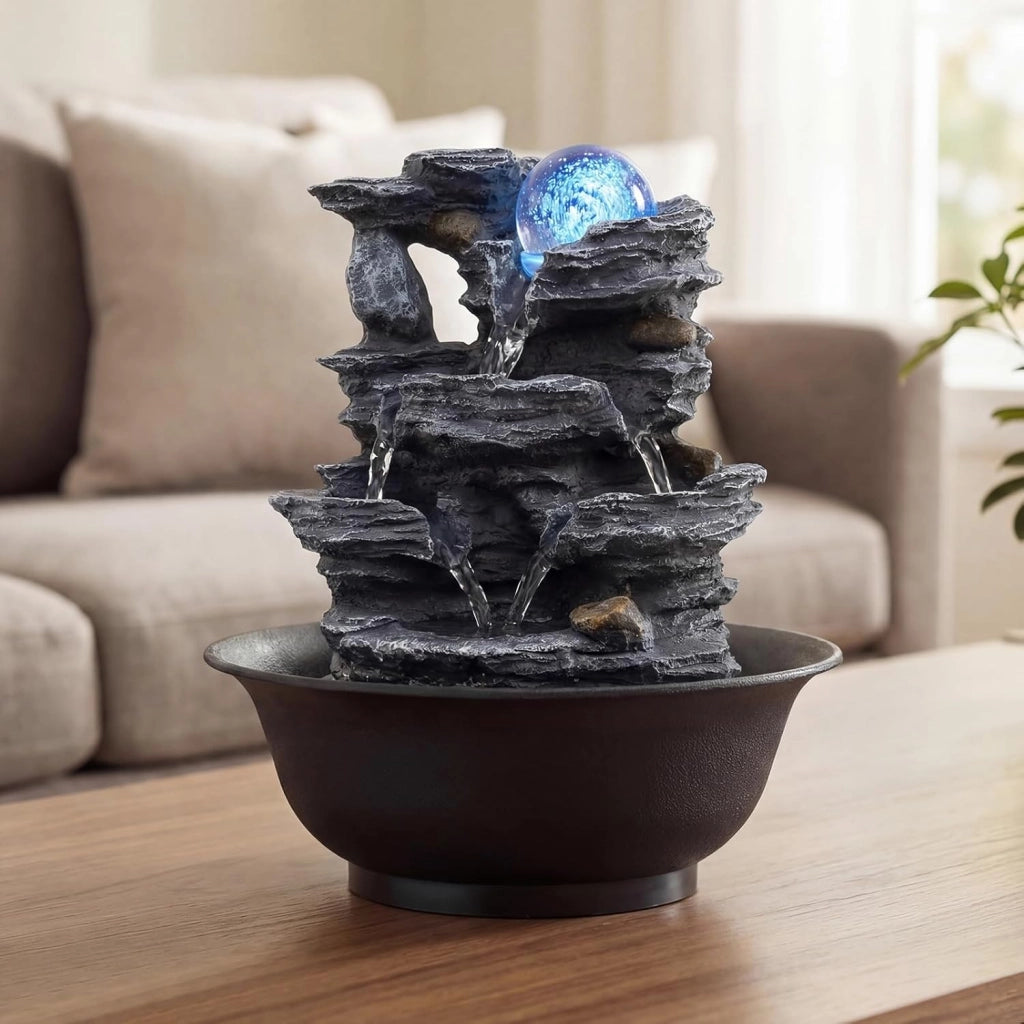 Fontana Zen da Interno, Fontana da Tavolo a Cascata con Luce LED, Pompa Silenziosa e Velocità dell'Acqua Regolabile, Fontanella Decorativa per Soggiorno, Ufficio e Camera da Letto (Modello 3)