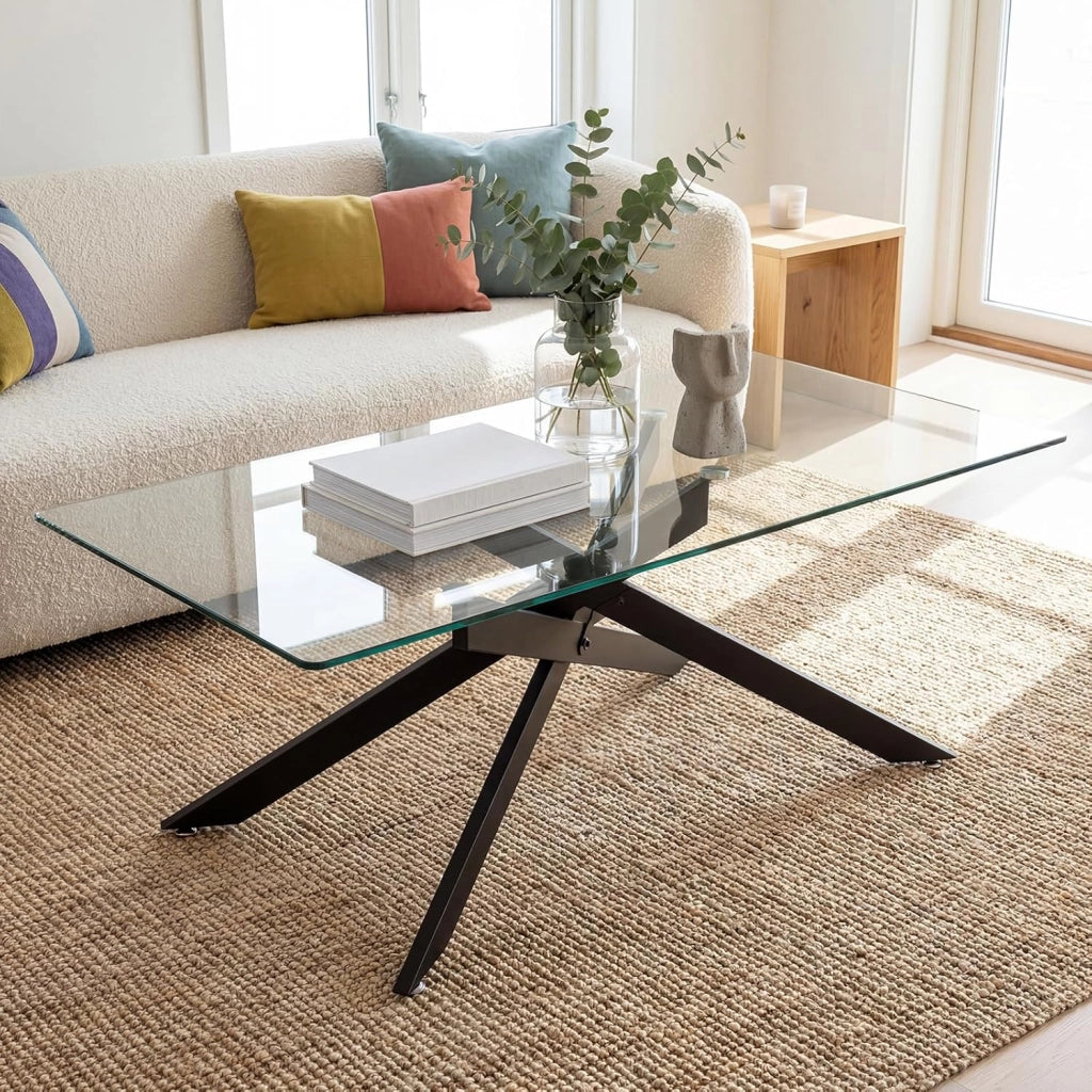 Tavolino da Salotto con Piano in Vetro Temperato, Gambe Incrociate e Piedini Regolabili, Tavolo Basso in Stile Industriale per Soggiorno, Camera da Letto, Ufficio, 120 X 60 X 45,5 CM (Nero)