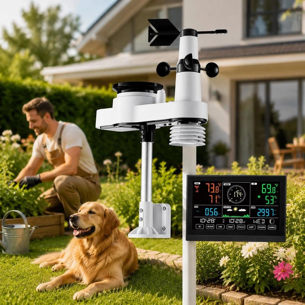 5-in-1 Weather Station, 7.5-inch Display, Solar-powered Outdoor Sensor, Rain Gauge, For Weather Forecast, Temperature, Humidity, Wind Speed & Direction (no Wi-Fi)