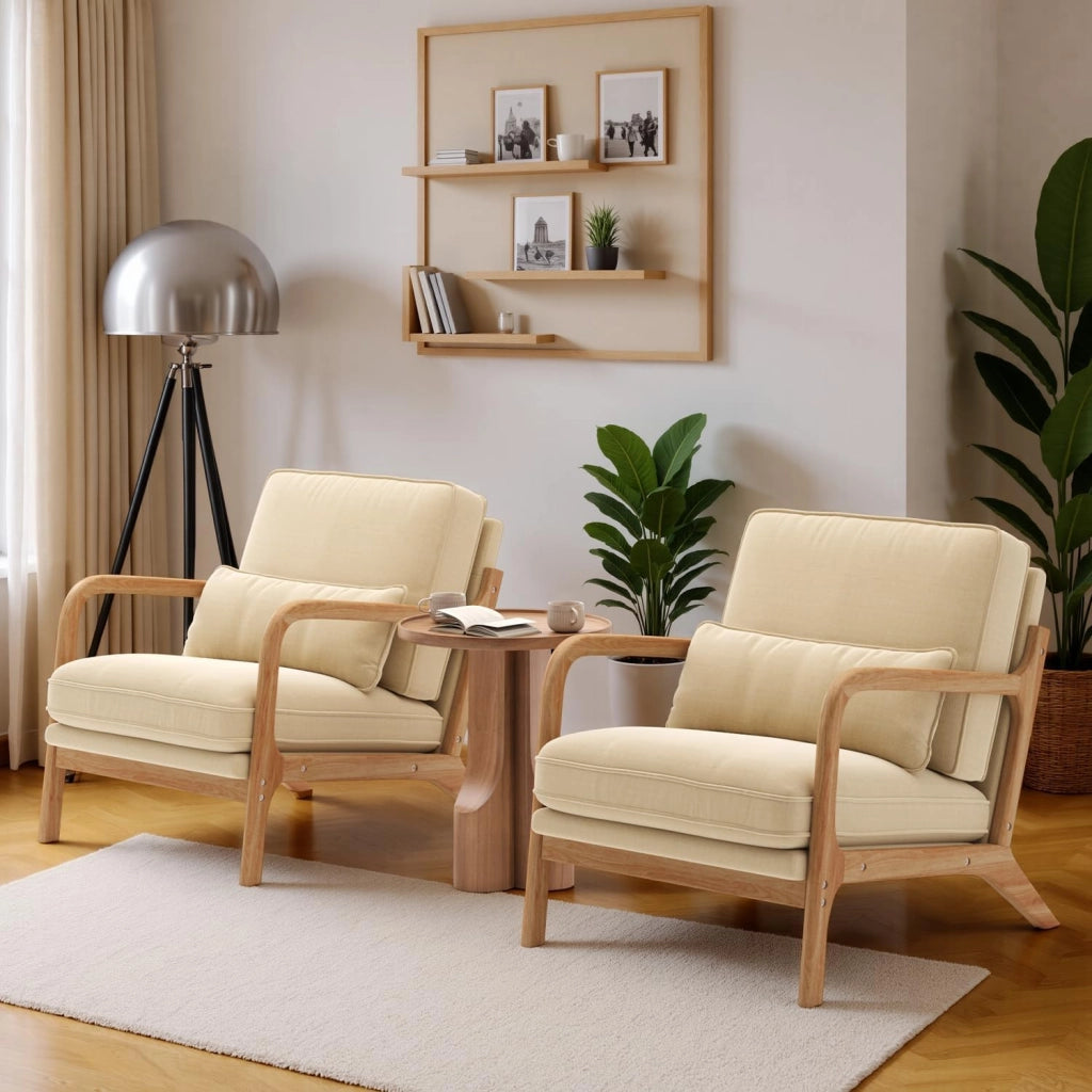 Poltrona da Salotto in Legno di Caucciù,Poltroncina Camera da Letto,con Cuscino Sfoderabile e Schienale con Braccioli con cuscino lombare,82 x 65 x 75CM, Beige