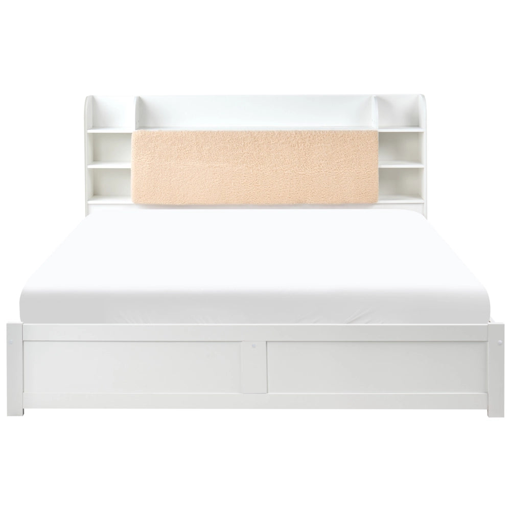 Letto matrimoniale in legno di pino MDF minimalista con contenitore 4 cassetti e ripiani testiera in bouclé bianco con rete 180 x 200 cm