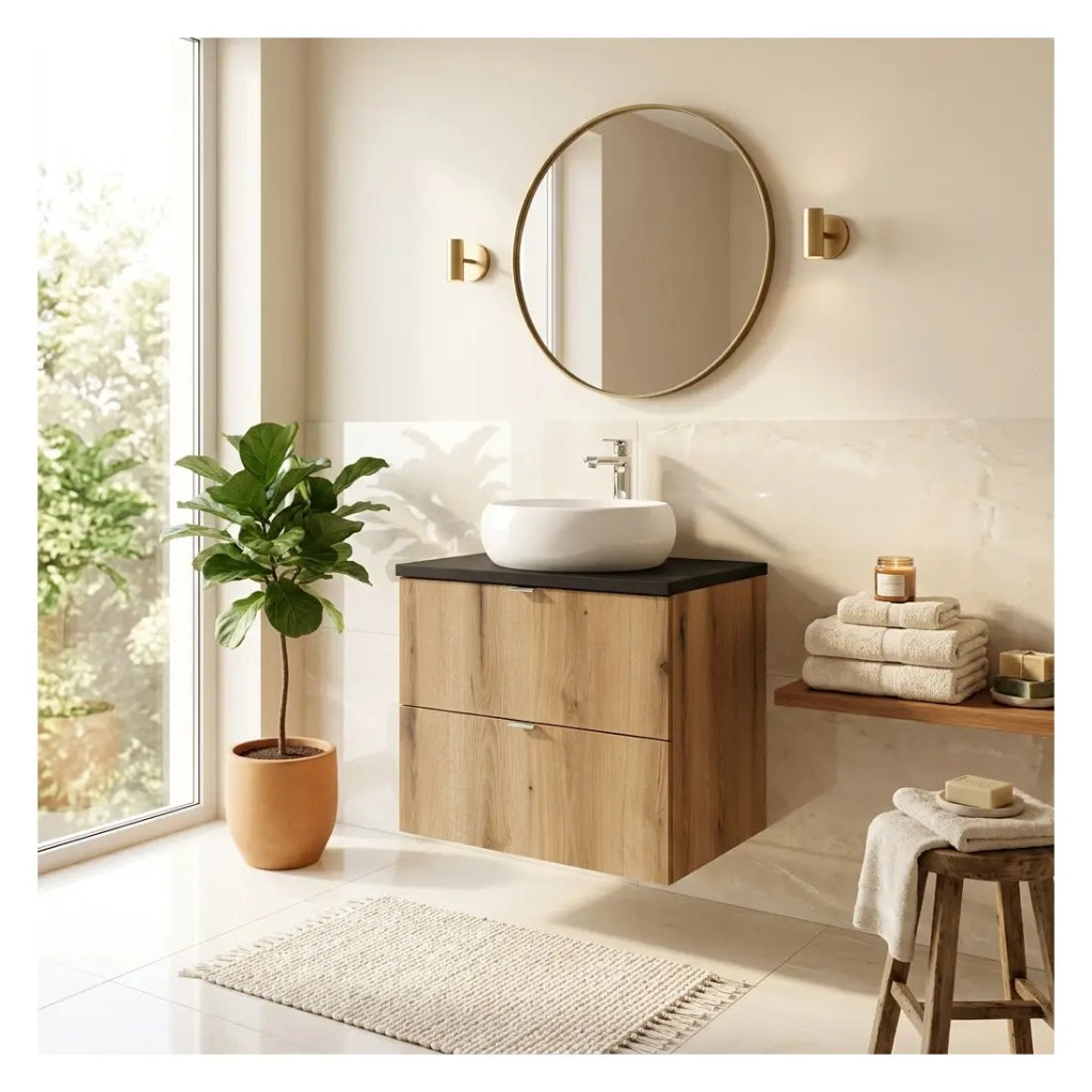 Set VANO in finitura quercia e nero 60cm: mobile sottolavabo con cassetti + piano per lavabo + lavabo da appoggio rotondo bianco