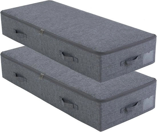 Set di 2 Grandi Cassetti di Archiviazione per Coperte - Dimensioni Regina/Re - Tavole in Plastica All'interno - Stabile e Mantenimento della Forma - Nero Grigio
