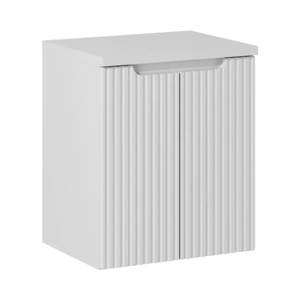 Set da bagno VANO bianco 50cm: mobile sottolavabo con ante scanalate + top per lavabo bianco alpino