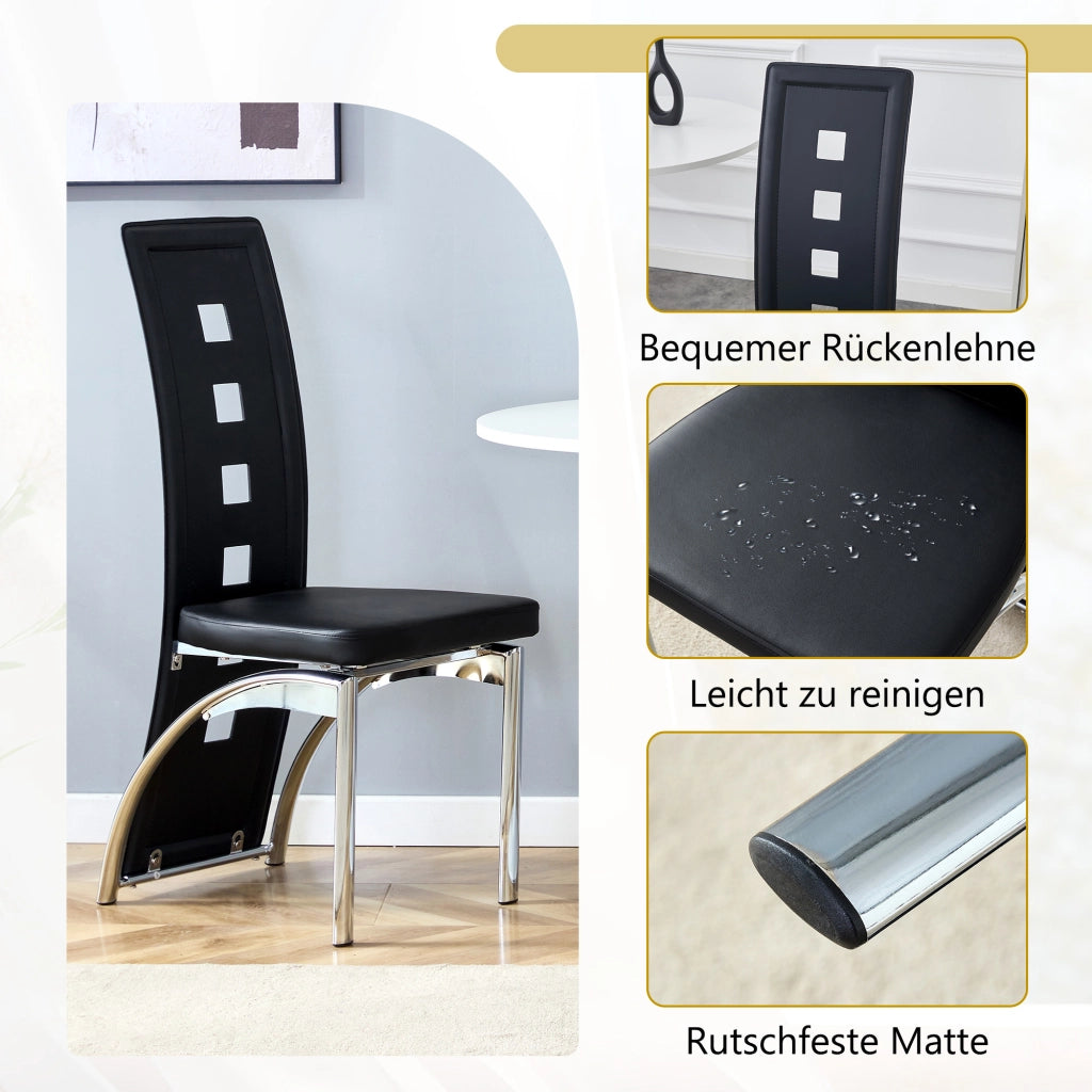 Sedie da pranzo in PU pelle con schienale traforato e gambe in metallo, set 2 pezzi, nero e argento