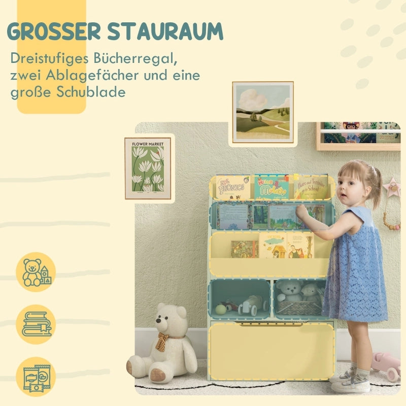 Libreria per bambini con cassetto, 3 ripiani e 2 vani a giorno, scaffale contenitore per cameretta, sala giochi, verde chiaro, 60 x 29,9 x 90 cm