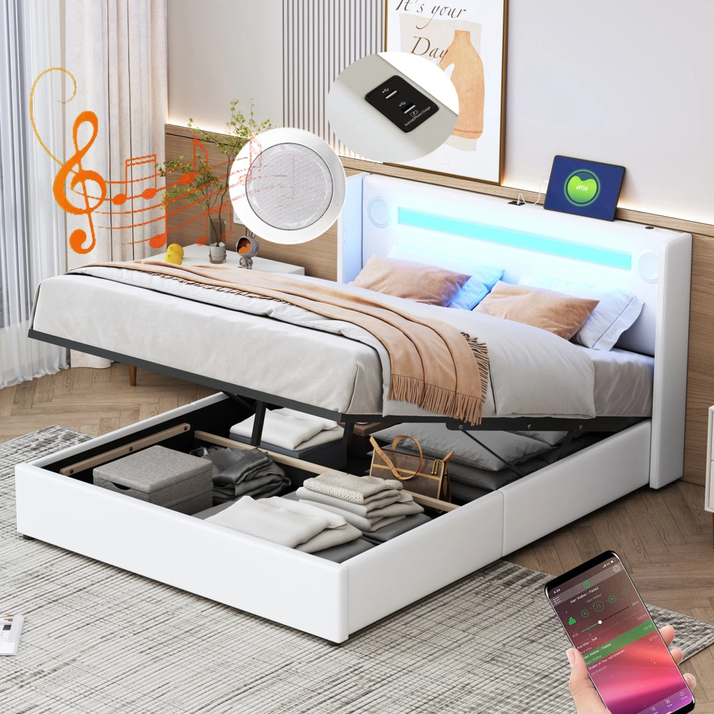OKWISH Letto Contenitore 140×200 cm, Letto Matrimoniale con LED Regolabile, Bluetooth, USB e Tipo C, senza Materasso, in Ecopelle Bianco