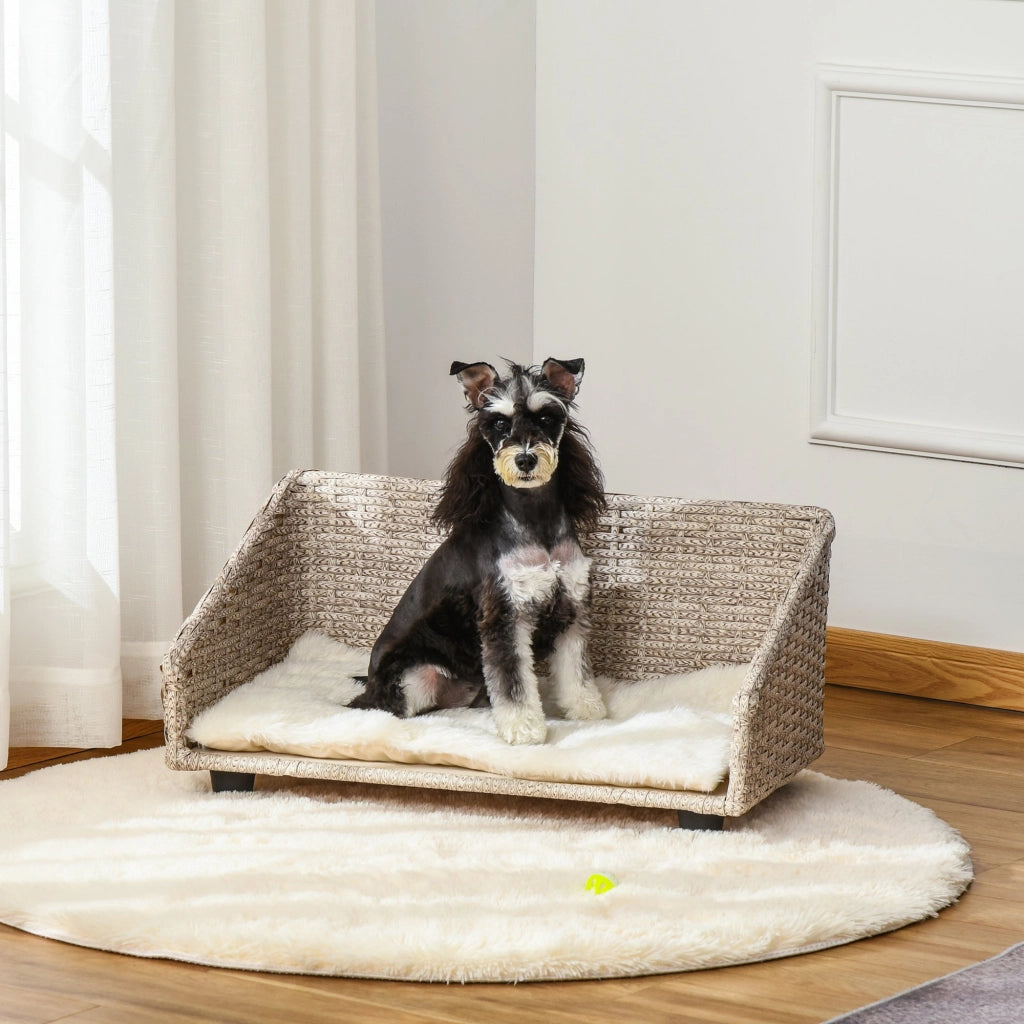 Easycomfort Cuccia per Cani e Gatti Rialzata in Rattan con Cuscino Lavabile Bianco, Lettino per Animali da Interno, 70.5x40x37.5cm, Beige