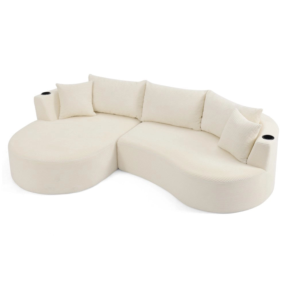 Divano 3 Posti con Chaise Longue Sinistra e Cuscini ¨C Xylo ¨C Beige, Tessuto a Coste, con Portabicchieri