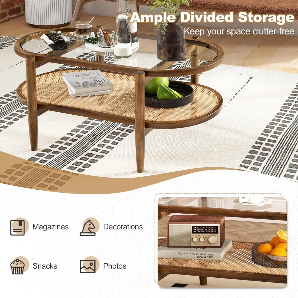 Tavolino da Caffè Ovale, Legno Massello con Piano in Vetro e Ripiano in Rattan, Rustico, 102x56x47 cm, per Soggiorno, Marrone