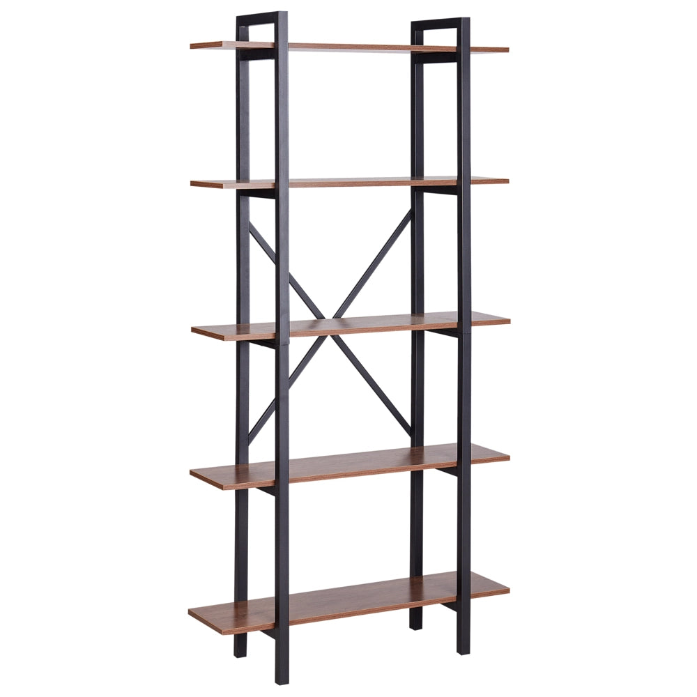 Libreria industriale aperta a 5 livelli in legno scuro e struttura in metallo nero Piedini Regolabili stile moderno