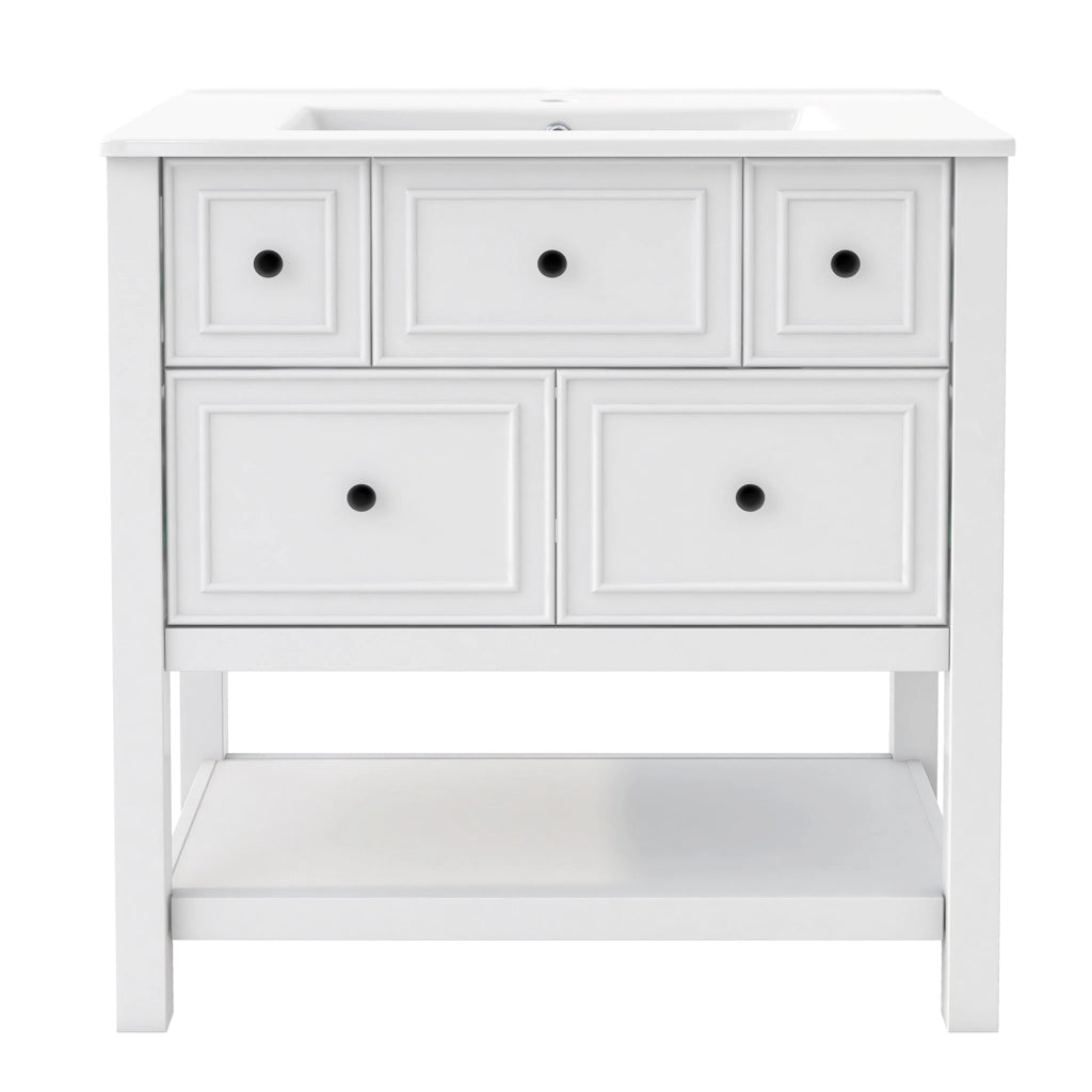 Mobile lavabo freestanding 76 x 46,5 x 82 cm, bianco, in MDF e ceramica, 5 cassetti e vani aperti