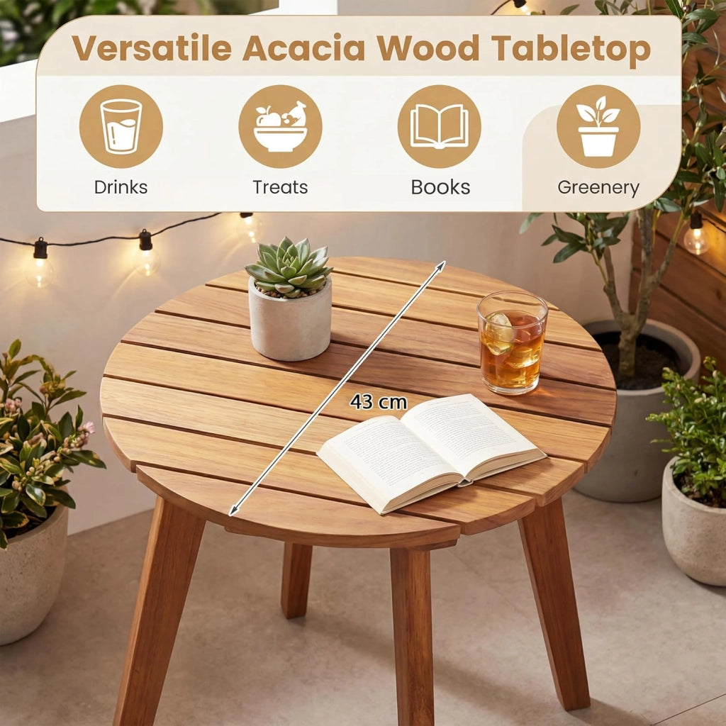 Tavolino da Esterno Rotondo in Legno Massello, Ø43 x 35 cm, Piccolo Tavolo Laterale da Balcone, Tavolino Basso da Salotto, Montaggio Facile, per Giardino, Terrazza e Soggiorno, Naturale