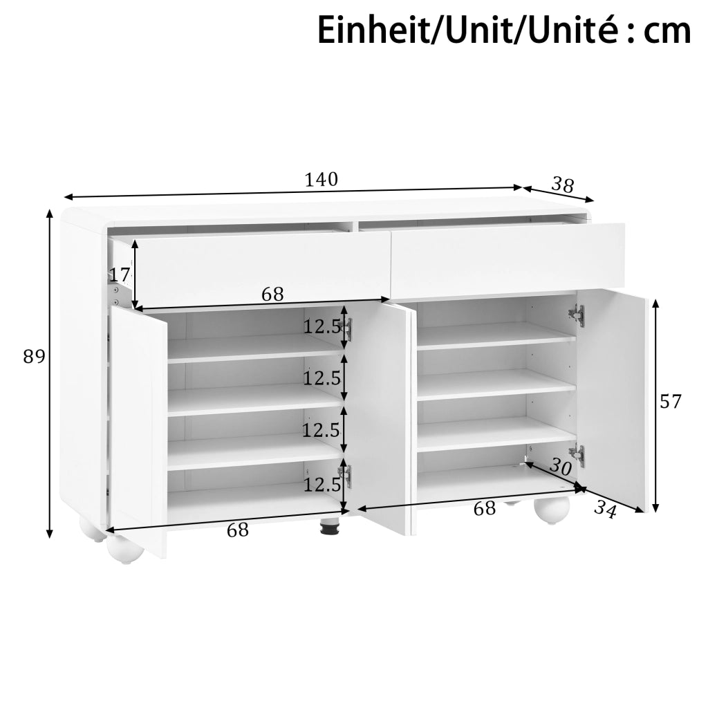 Credenza e madia con 2 cassetti, 4 ante e ripiani regolabili, per soggiorno, in MDF e PB, bianco, 140 × 38 × 89 cm