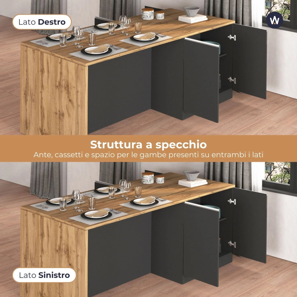 WHOUS Isola da cucina Sole a 4 ante antracite opaco/rovere 200x90x90 cm