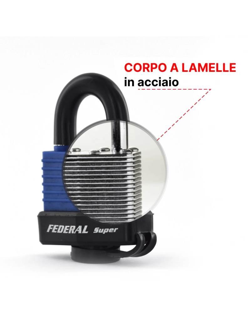Lucchetto a lamelle, acciaio, da esterno, 40 mm rivestito in PVC, 1/2 arco in acciaio, esterno, 2 chiavi – THIRARD