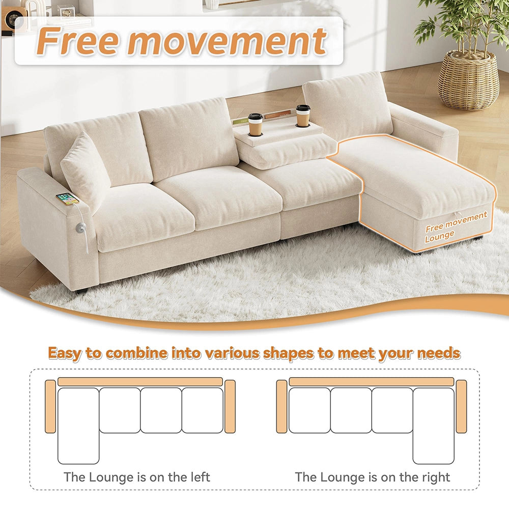 Divano angolare in L - Xylo - Chenille, USB-C, tavolo ribaltabile, beige