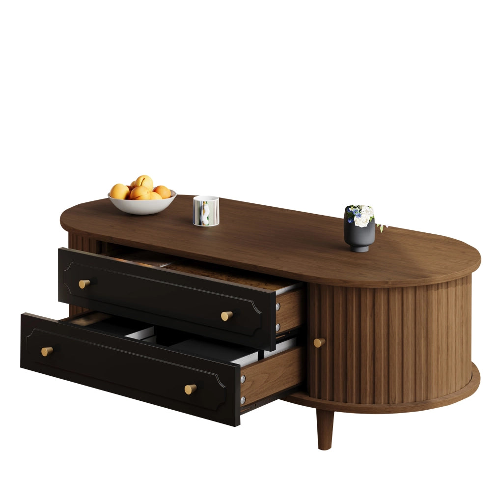 Tavolino da salotto 100x50x36 cm con 2 cassetti e 2 ante a rullo in truciolare; noce e nero