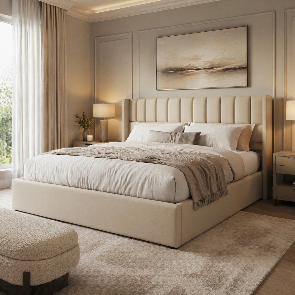 Letto matrimoniale contenitore 180x200 cm con rete sollevabile; in lino beige
