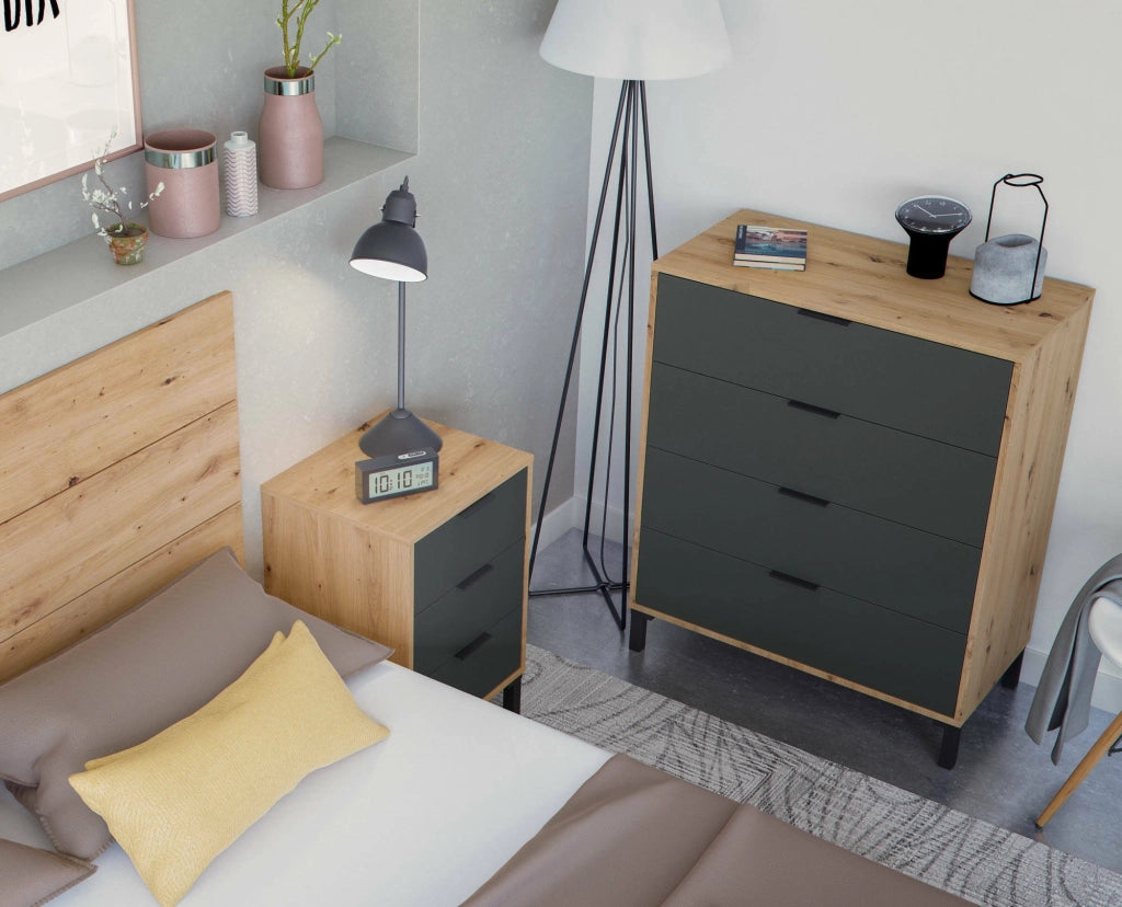 Cassettiera Alfana, Settimanale a 4 cassetti, Mobile ComÒ² per camera da letto, ComÒ² moderno, cm 76x40h94, Rovere nodi e Antracite