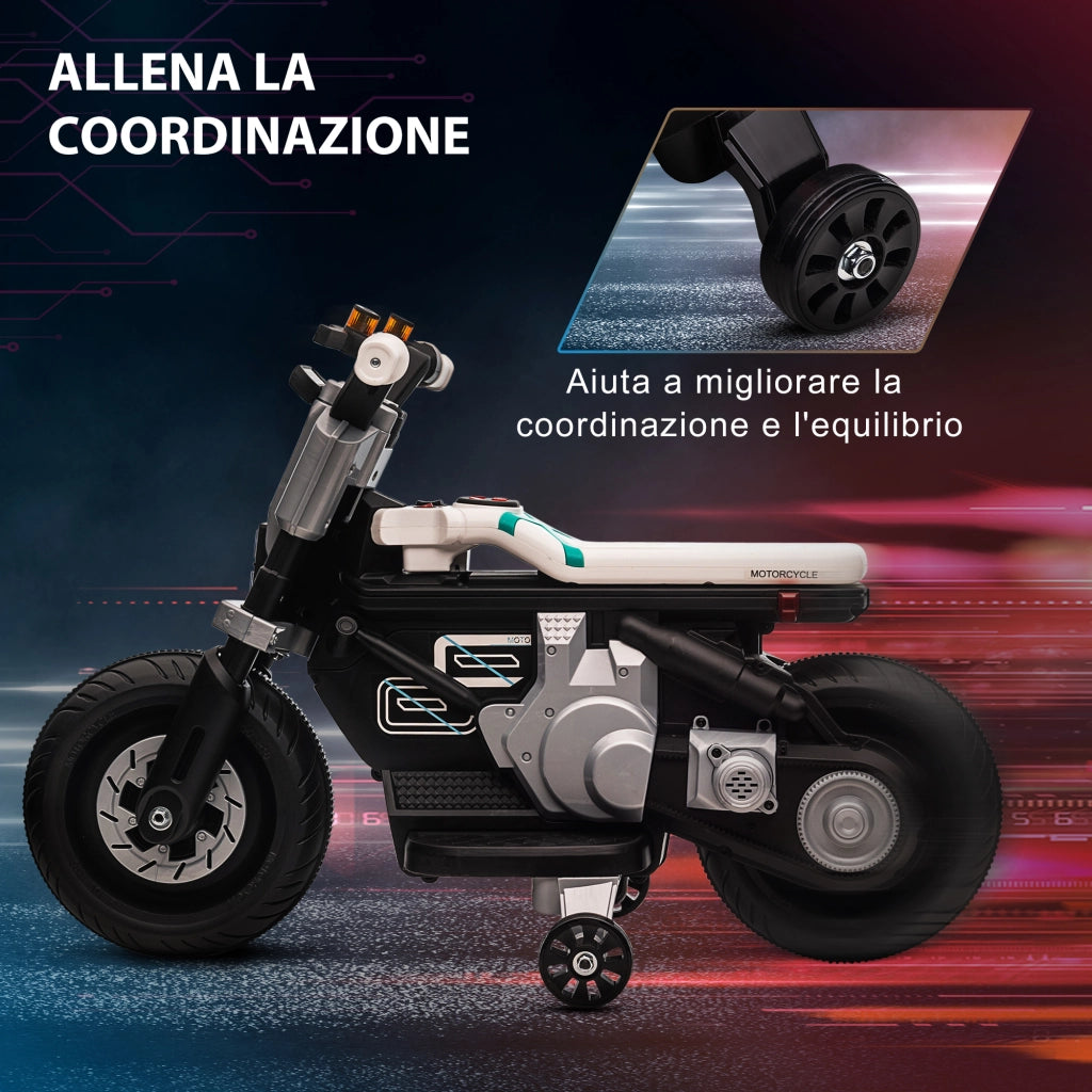EasyComfort Moto Elettrica per Bambini 3-5 Anni in PP e Metallo con Rotelle, Clacson e Musica, 86x44x58 cm, Bianca e Nera