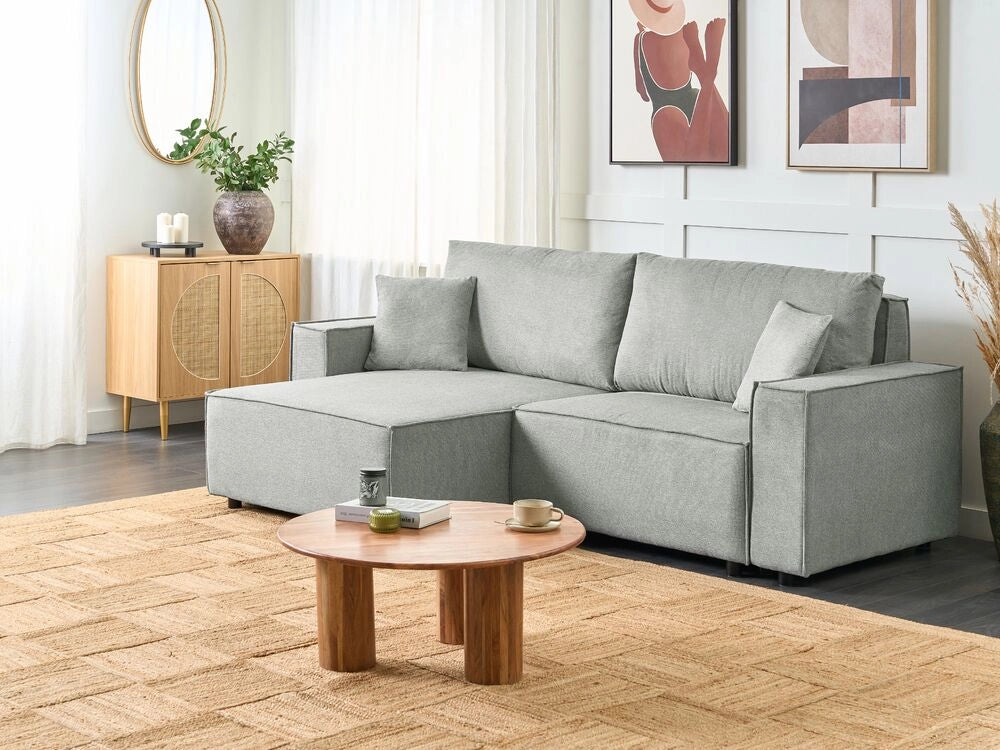 Divano letto angolare a destra Grigio Tessuto poliestere imbottito 3 posti a L con cuscini Funzione letto Stile moderno Soggiorno