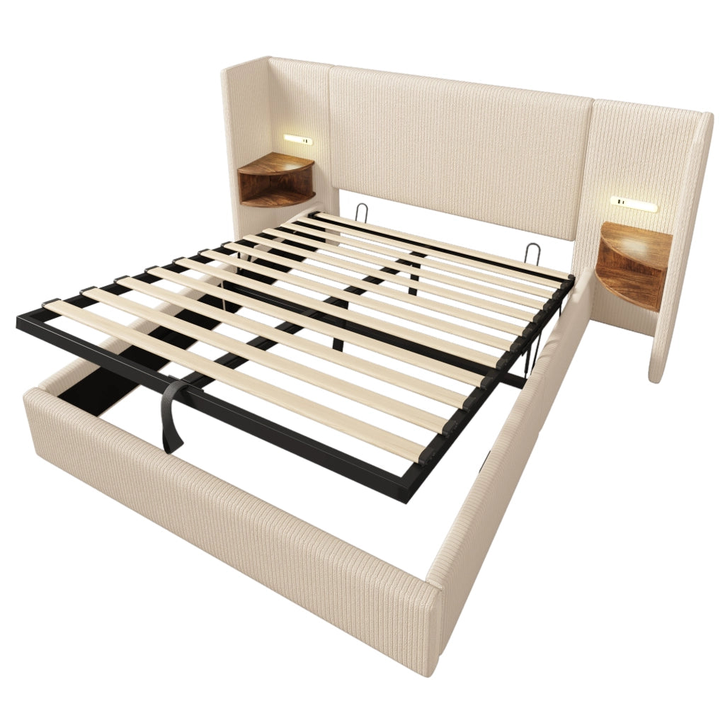 Letto matrimoniale 160x200 con testiera multifunzione, lampada LED con USB e Type-C, contenitore idraulico, beige-bianco