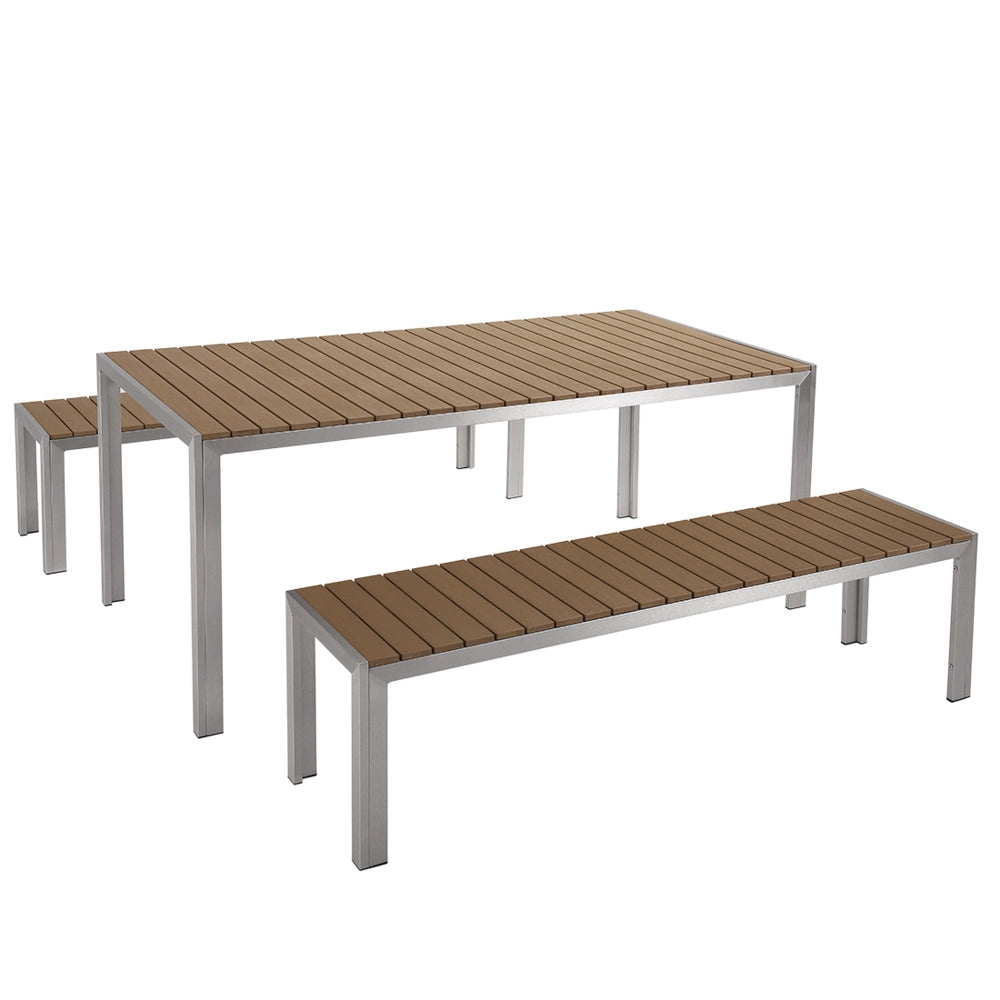 Set da Pranzo da Giardino Tavolo Rettangolare 2 Panche Telaio Alluminio anodizzato marrone esterno terrazzo