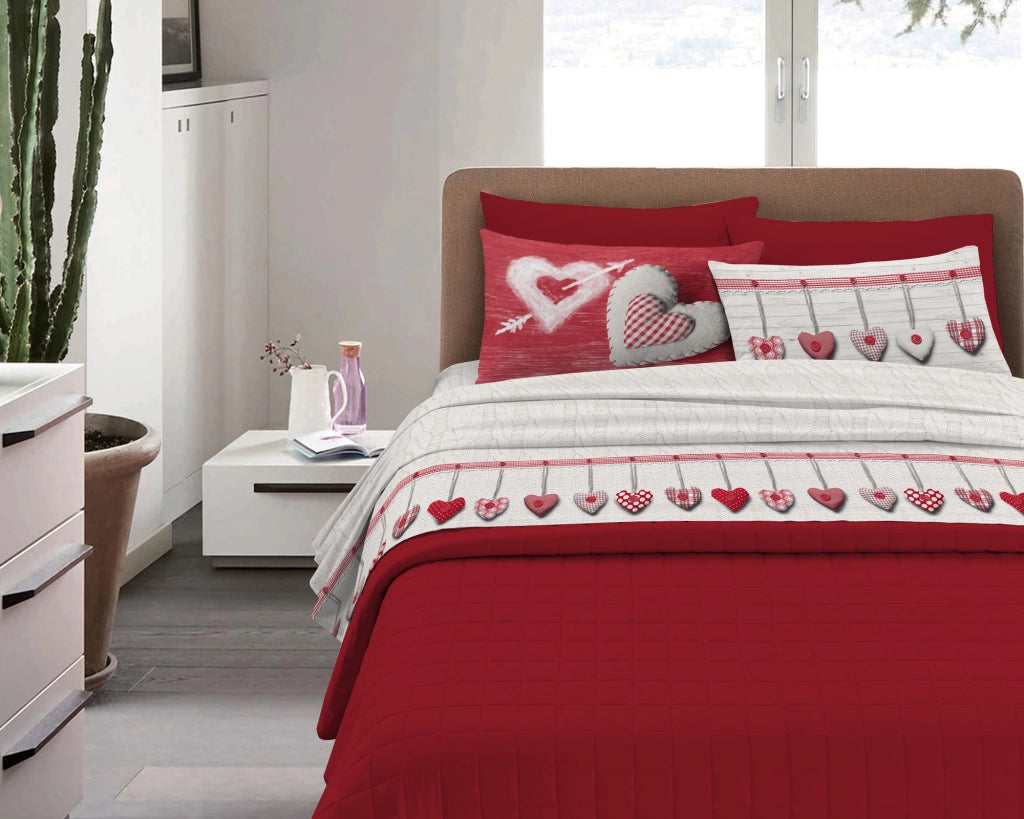 Completo Letto in Flanella Calda e Morbida Anti Pilling - Set Flanellato 3 Misure parure con Federe - Cuori rosso - 1 Piazza e mezza