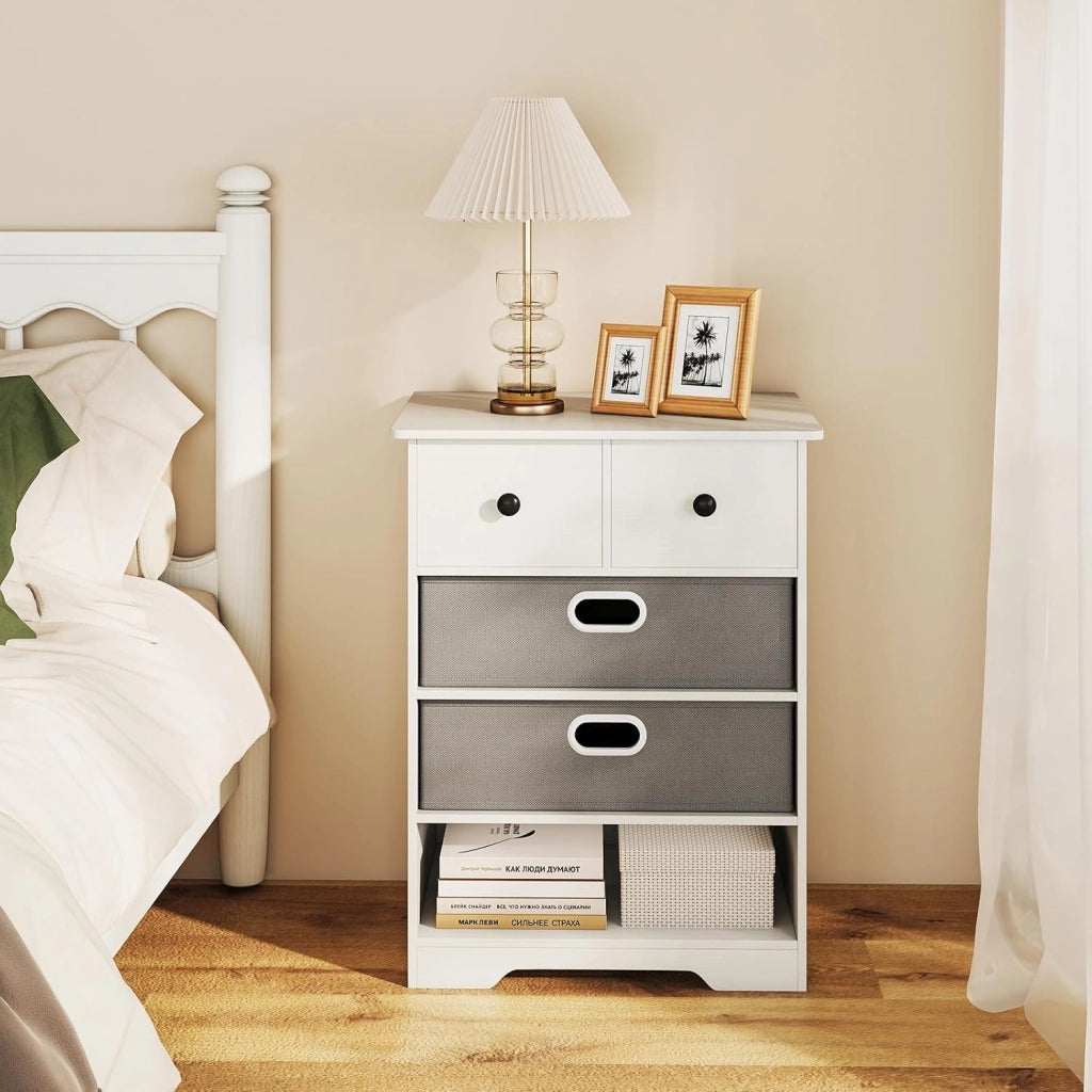 Comodino Camera da Letto 58 x 42 x 75 cm, Cassettiera Salvaspazio con 4 Cassetti e Ripiano Aperto, Tavolino Moderno da Letto per Soggiorno e Ingresso