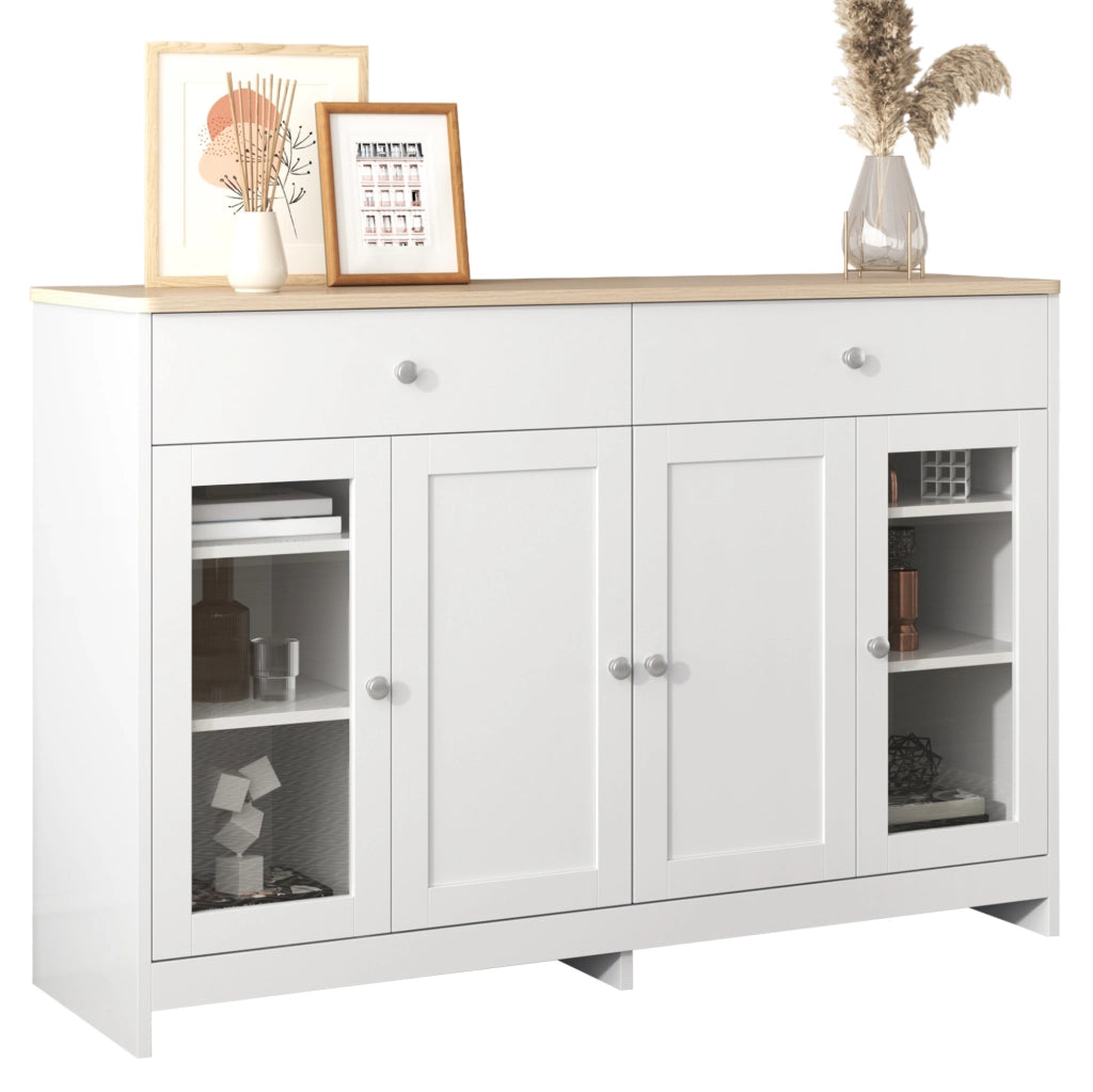 Credenza 120x37x80 cm con 4 ante; 2 cassetti e ripiani regolabili; MDF bianco