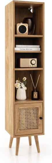 Libreria Scaffale con Anta in Rattan Naturale, Scaffale Legno in Stile Boho con 3 Ripiani Regolabili in 12 Posizioni, per Soggiorno Cucina e Camera da Letto, 29,5 x 29,5 x 137 cm (Naturale)