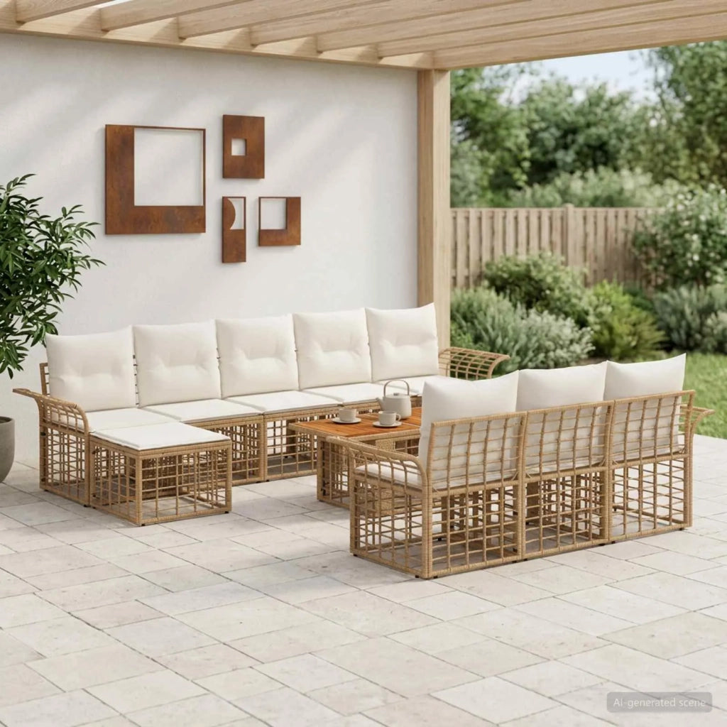 Set Divano da Giardino 11 pz Naturale e Bianco Crema polyrattan 3438020