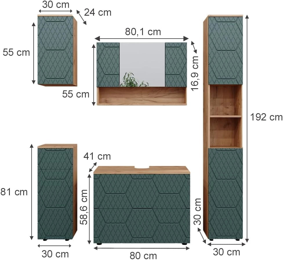 Set mobili bagno Irma, Quercia verde/oro, 5 parti