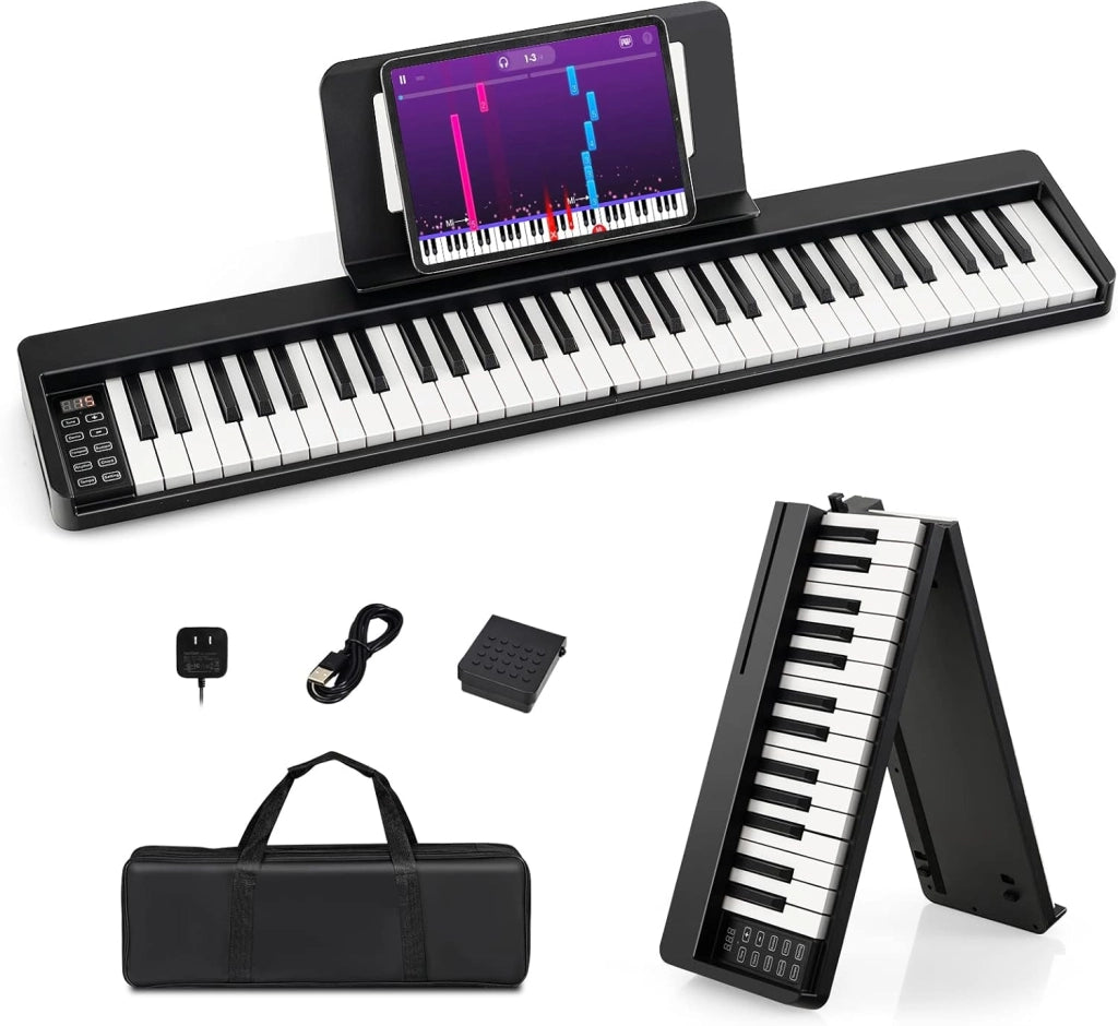 Pianoforte Digitale Pieghevole 61 Tasti, Tastiera Elettronica Portatile, con Tasti a Grandezza Standard Leggio Pedale Sustain MIDI Bluetooth e Borsa, per Principianti Bambini Adulti, Nero